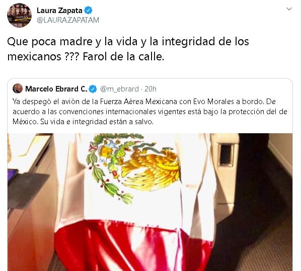 "Qué poca madre. ¿Y la vida y la integridad de los mexicanos? Farol de la calle", 
<b><a href="https://twitter.com/LAURAZAPATAM/status/1194109921559764996" target="_blank">escribió Zapata</a></b> como respuesta a otro mensaje de Ebrard, en el que informaba sobre la partida de Bolivia del avión de la Fuerza Aérea Mexicana que transportó a Morales.