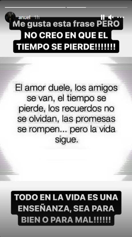 Ninguno de los dos ha dado declaraciones sobre la ruptura, pero la tarde del 13 de marzo Anuel compartió esta frase en la que opina que "no cree que el tiempo se pierde" y "todo en la vida es una enseñanza".
<br>