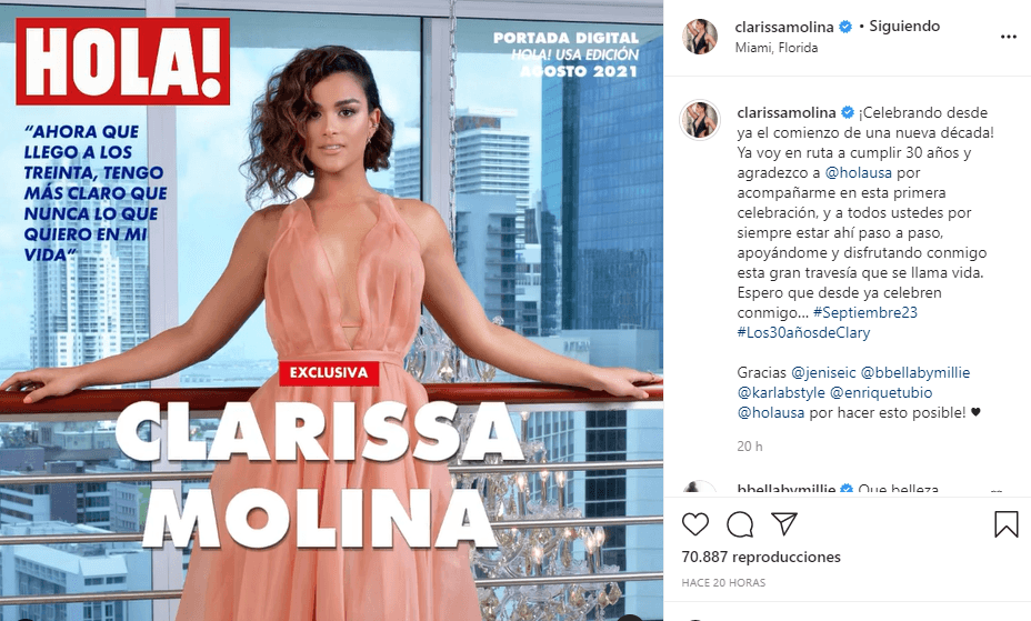 La actriz y presentadora fue invitada para engalanar la portada de la edición digital de la revista Hola! Miami y acompañó esta imagen con el siguiente mensaje: 
<br>"¡Celebrando desde ya el comienzo de una nueva década! Ya voy en ruta a cumplir 30 años y agradezco a 
<a href="https://www.instagram.com/holausa/">@holausa</a> por acompañarme en esta primera celebración, y a todos ustedes por siempre estar ahí paso a paso, apoyándome y disfrutando conmigo esta gran travesía que se llama vida. Espero que desde ya celebren conmigo…".