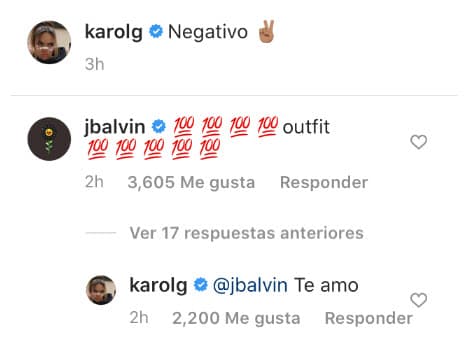 J Balvin también le dejó un comentario, aunque él se enfocó en el 'outfit' de Karol G.
