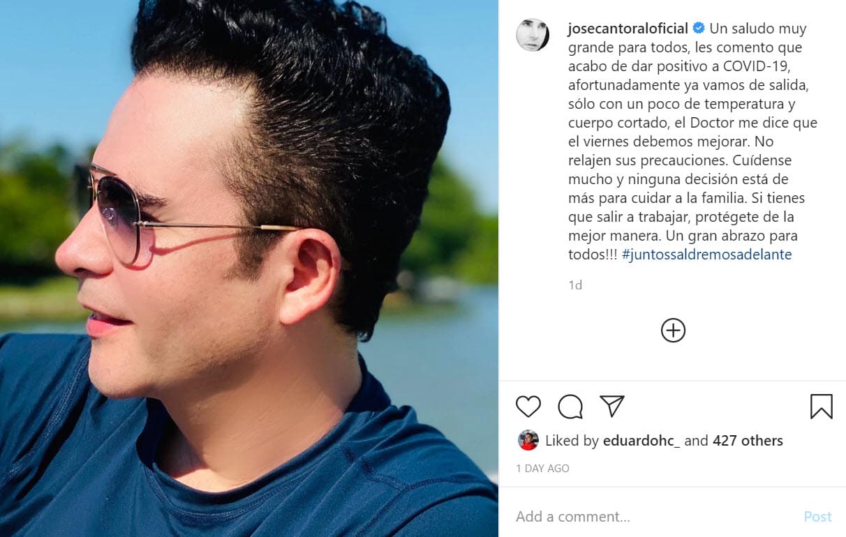 <b>José Cantoral</b>, hermano de Itatí Cantoral, informó ese mismo día que dio positivo. "Acabo de dar positivo a covid-19, afortunadamente 
<b><a href="https://www.instagram.com/p/CBzBeseBu3W/" target="_blank">ya vamos de salida</a></b>, sólo con un poco de temperatura y cuerpo cortado. El doctor me dice que el viernes debemos mejorar. No relajen sus precauciones", escribió el músico y compositor en Instagram. Se recuperó favorablemente. Dos meses después sufriría la muerte de su madre, Itatí Zucchi, debido a esta misma enfermedad. 
<br>