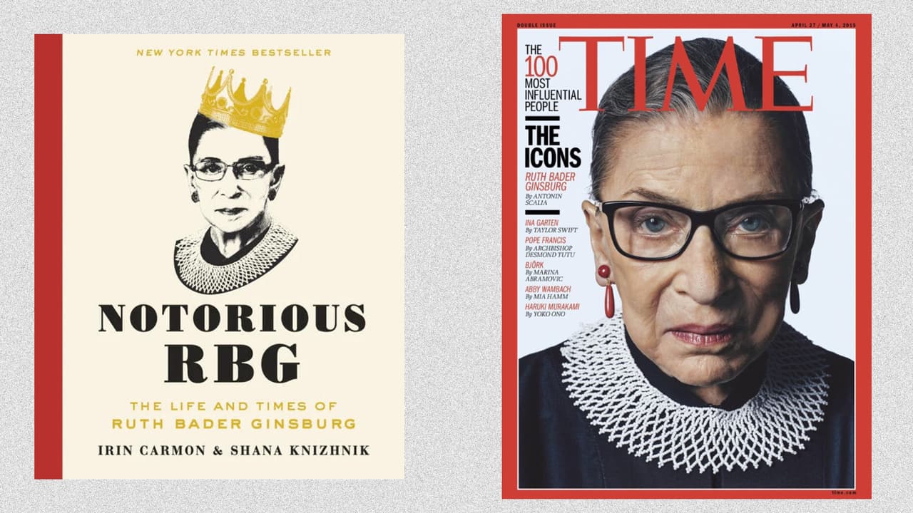 A la izquierda el Blog de Knizhnik convertido en libro y publicado por The New York Times. A la derecha la portada de la revista Time de mayo de 2015: un retrato de Ginsburg con su toga negra y su icónico collar tejido blanco.
<br>