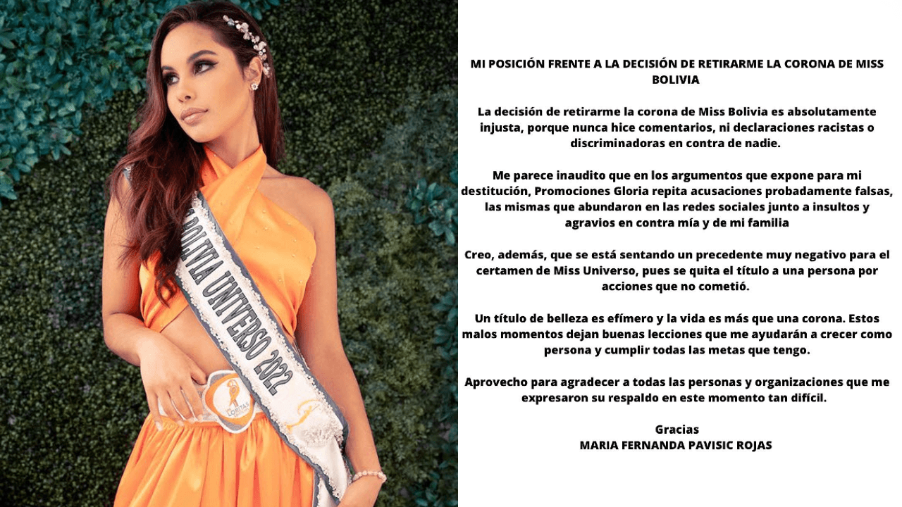 Fernanda Pavisic muestra su postura ante su destitución como Miss Bolivia.