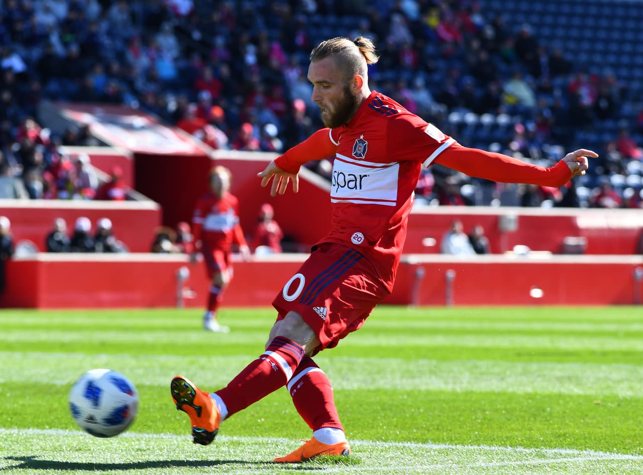 Mar 3, 2018; Chicago, IL, USA; Chicago Fire forward Aleksander Katai (10) shoots against the Tulsa Roughnecks during the first half at Toyota Park. Mandatory Credit: Mike DiNovo-USA TODAY Sports