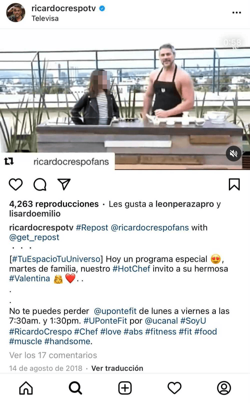 Su hija
<b><a href="https://www.instagram.com/p/BmdsWlhh8JT/" target="_blank"> Valentina apareció con él</a></b> en agosto de 2018 en un episodio del show 'Ponte fit', donde él era conocido como el 'Hot Chef', pues preparaba las recetas con el torso desnudo. 
<br>
