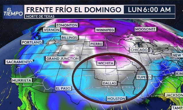 <b>Frente frío ártico en el norte de Texas</b>
<br>
<br>Este frente llegará el domingo 5 de enero y bajará drásticamente las temperaturas. El fuerte frente frío se produce por una masa de aire ártico que impactará gran parte del norte y centro de los Estados Unidos. En especial, el norte de Texas podrá experimentar temperaturas en el punto de congelación durante casi toda la próxima semana.