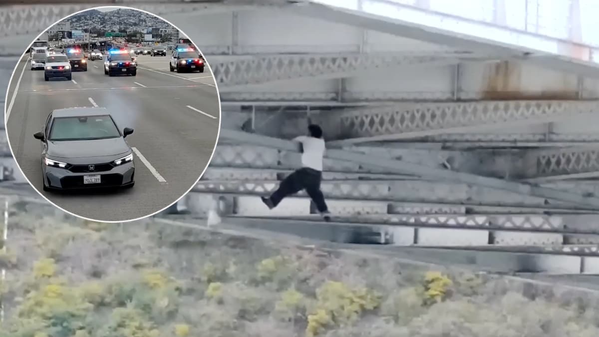 “¡Se está lanzando!”: sospechoso huye en auto robado y termina colgando de puente en California