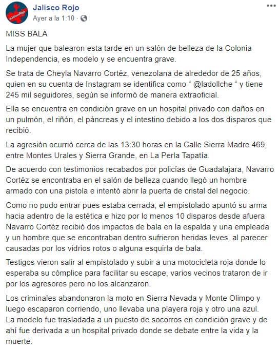 Dos personas que también estaban en la estética sufrieron heridas leves que, al parecer, fueron causadas por los vidrios rotos, detalló 'Jalisco Rojo' en un artículo publicado en su cuenta de 
<a href="https://www.facebook.com/pages/category/News---Media-Website/Jalisco-Rojo-547204055459680/" target="_blank">Facebook</a>. 
<br>