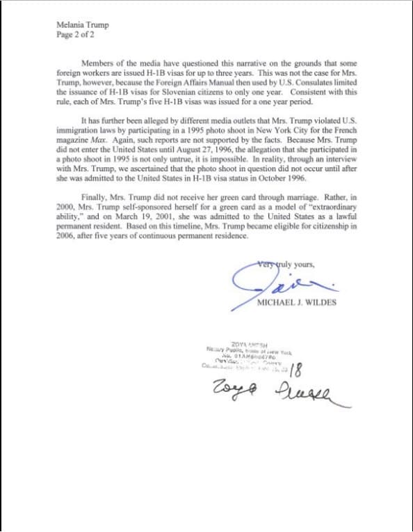 Parte de la carta que publicó Melania Trump en su cuenta de Twitter