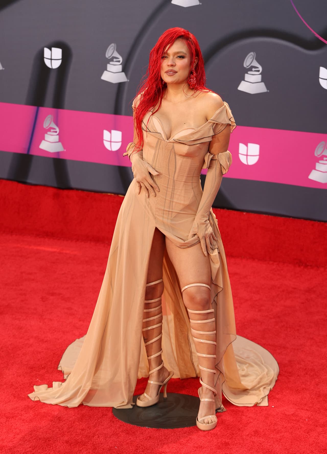 Colombian singer Karol G arrives for the 23rd Annual Latin Grammy awards at the Mandalay Bay's Michelob Ultra Arena in Las Vegas, Nevada, on November 17, 2022. (Photo by Ronda CHURCHILL / AFP) (Photo by RONDA CHURCHILL/AFP via Getty Images)
