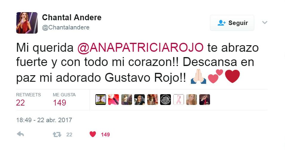 <b><a href="http://www.univision.com/temas/chantal-andere">Chantal Andere</a></b> fue otra de las amigas de
<b><a href="http://www.univision.com/temas/ana-patricia-rojo">Ana Patricia</a></b> que expresó su solidaridad con la actriz y con su familia en este momento tan amargo por el que pasan.