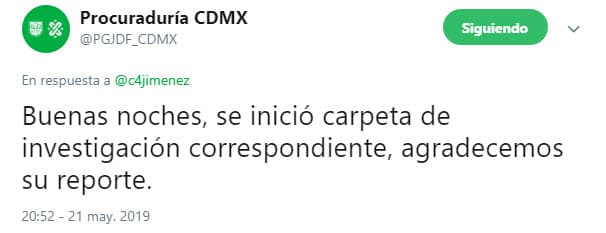La Procuraduría de la Ciudad de México confirmó la noticia respondiendo al tuit del reportero sin dar detalles sobre el caso.
<br>