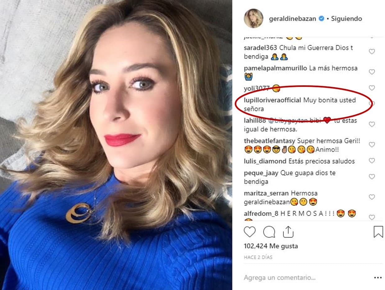 Se trata nada más y nada menos que el del cantante de regional mexicano Lupillo Rivera, quien aprovechó esta selfie para decir lo que piensa de Geraldine: “Muy bonita usted, señora”, se lee en el post.
<br>