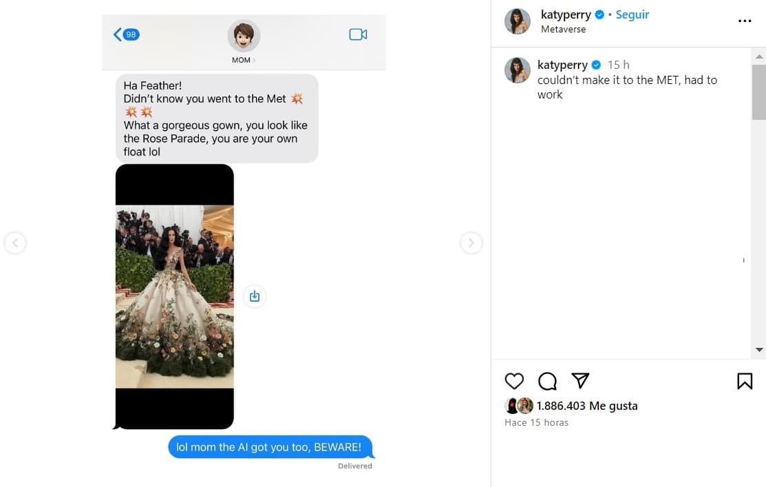 Katy Perry compartió que su mamá sí 'cayó' en las fotografías de ella creadas con IA que la muestran en la Met Gala 2024.