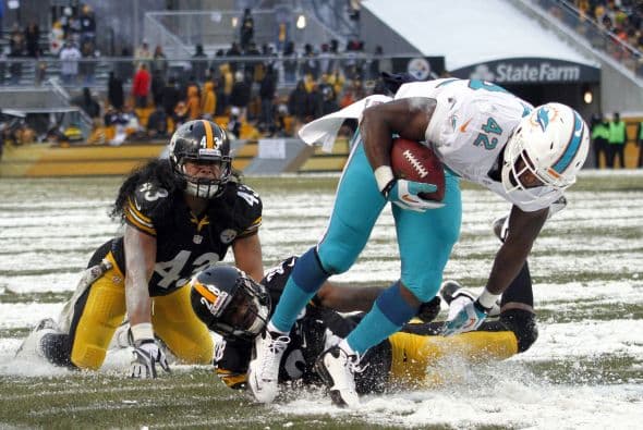 Los fanáticos de los Dolphins ya no hablan de la controversia Incognito/Martin, ni si Ireland o Philbin estarán con el equipo en el 2014, sino que pasan horas calculando… ¡porque tenemos chance de ir a los playoffs! Al principio de la temporada, y sobre todo, después de perder -casi deshonrosamente- contra Tampa Bay y Buffalo, los comentarios sobre Miami eran negativos. Qué si las novatadas, qué si Tannenhill, qué si el running game, qué si la línea ofensiva, que si… qué se yo… Pero ahora, las cosas han cambiado y solo se mencionan las posibilidades que tenemos de jugar en enero. ¡Ay, bendito! Bueno, después de este encontronazo con los portadores de las terribles toallas amarillas, donde salimos vencedores … por media pulgada… 34-28, ya todo me parece posible. Arriba Tannenhill (20 de 33, para 200 yds); arriba Wake and Odrich; arriba Thomas (105 yds, un TD en 16 acarreos); arriba Clay con sus dos TD y arriba Philbin, que mantiene el invicto en la revisión de las jugadas (obtuvo el cambio de “incomplete pass” a TD de Hartline). ¡Arriba, Dolphins, seguimos cuesta arriba!