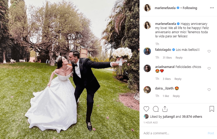 En esta fecha tan especial para los dos, la actriz realizó una publicación para recordar su unión y le dejó un romántico mensaje a su marido. "¡Feliz aniversario amor mío! Tenemos toda la vida para ser felices", escribió Favela en Instagram.
<br>