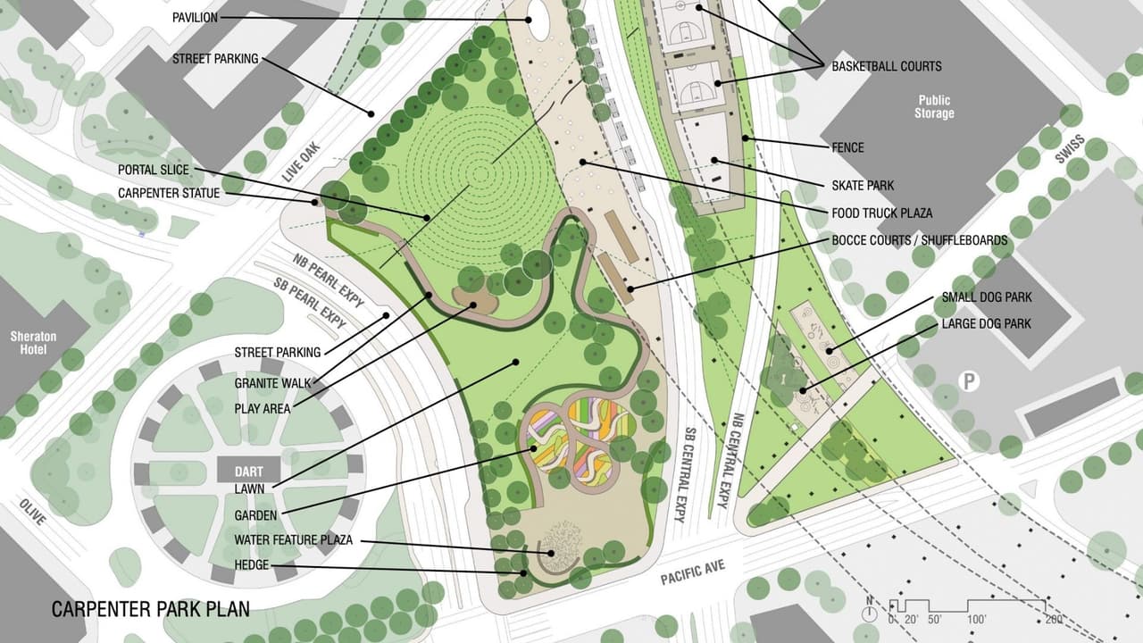 ¿Qué puedes hallar en
<b>Carpenter Park</b>? Hay una cancha de baloncesto pública debajo de un puente, un atractivo
<b>parque para perros</b>, una fuente interactiva y algunos elementos para que los niños y familias jueguen y caminen.