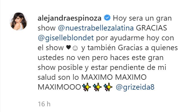 También agradeció a quienes están detrás de cámaras y a quienes permanecen "pendientes" de su salud: "Son lo máximo, máximo, máximo".
<br>