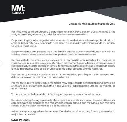 "[...] Yo nunca he hablado mal de mi familia y no voy a empezar a hacerlo ahora. Siendo la primogénita y siguiendo el ejemplo que me dio mi madre, he aprendido a ser agradecida y a ser empática con mis amigos, con mi familia, con mi trabajo, con mis fans, con mi público y con los medios de comunicación [...]", indicó Pasquel.