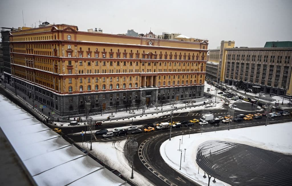 An aerial view shows the headquarters of the Federal Security Service (FSB), the successor agency to the KGB, and Lubyanka Square in front of it in central Moscow on February 25, 2021.