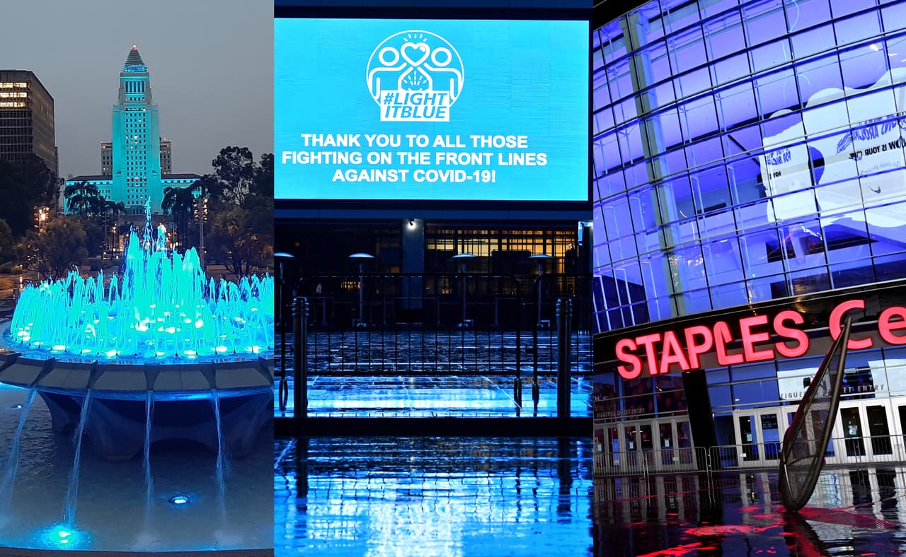 La ciudad se unió este jueves a un esfuerzo nacional para "iluminarse de azul" como una muestra de gratitud para los trabajadores de la salud y otras labores esenciales que están en primera línea enfrentando la batalla contra el coronavirus.
