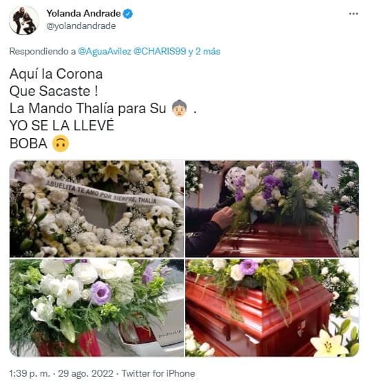 La protagonista de telenovelas como 
<a href="https://www.vix.com/es-es/detail/series-2107?utm_medium=internal_referral&utm_source=univision&utm_campaign=breaking_news&utm_content=ed_entertainment&utm_term=article" target="_blank">‘Sentimientos ajenos’, que puedes ver gratis aquí en ViX</a>, también aprovechó el momento para publicar fotografías del ataúd de doña Eva. 
<br>