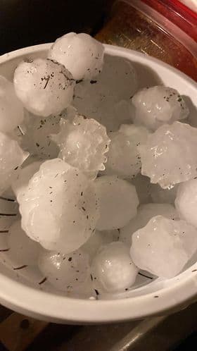 También en Joshua, Texas, Martín del Ángel juntó las bolas de granizo en un cesto.