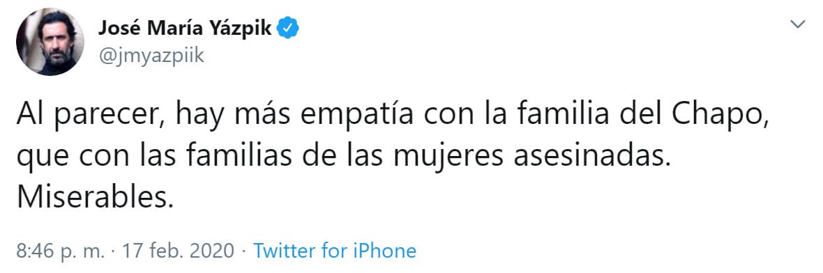 <b>José María Yazpik</b>, actor de cine, también se pronunció y catalogó de "miserables" a quienes no son empáticos con la situación.