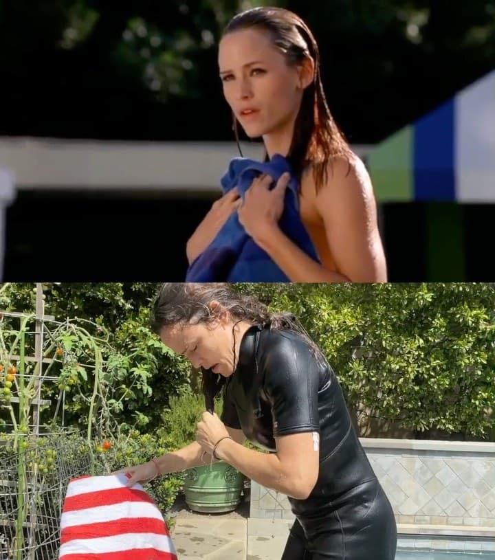 Recreó una escena memorable, donde su personaje emergió de una piscina en cámara lenta y procedió a secarse antes de desengancharse la parte superior del bikini.