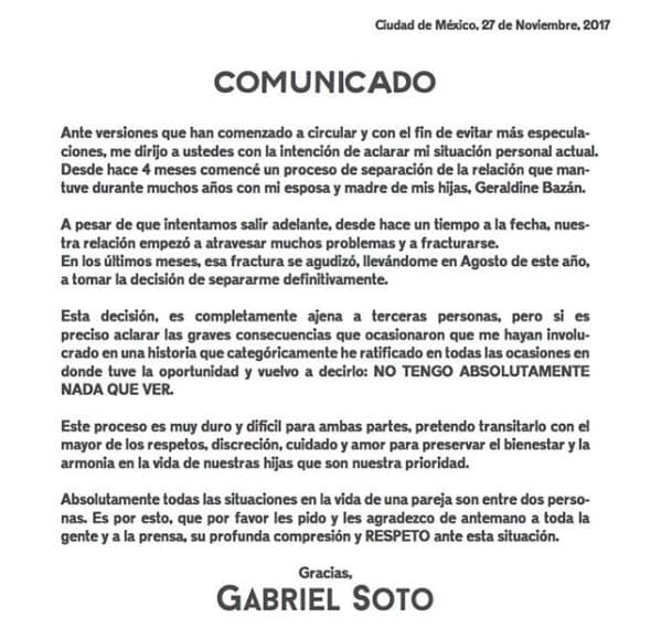 El actor informó que tenía cuatro meses separado de Geraldine Bazán y aclaró que esta decisión era totalmente ajena a terceras personas.