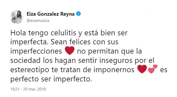Pero el 29 de marzo de 2018 se pronunció en Twitter para asegurar que no es una mujer perfecta.