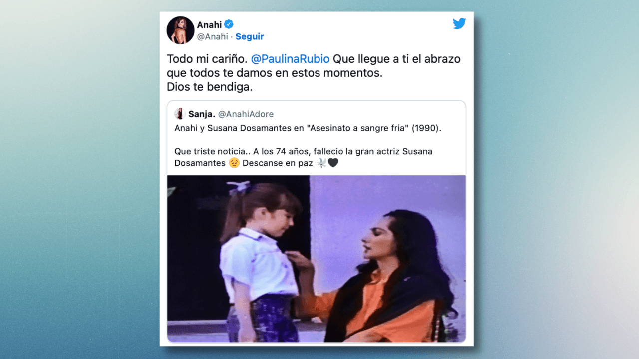 Anahí recordó a Susana Dosamantes con la foto de una escena de "Asesinato a sangre fria", en 1990, en la que aparecen juntas, y la ex RBD con pocos años de edad. "Todo mi cariño. @PaulinaRubio Que llegue a ti el abrazo que todos te damos en estos momentos. Dios te bendiga".