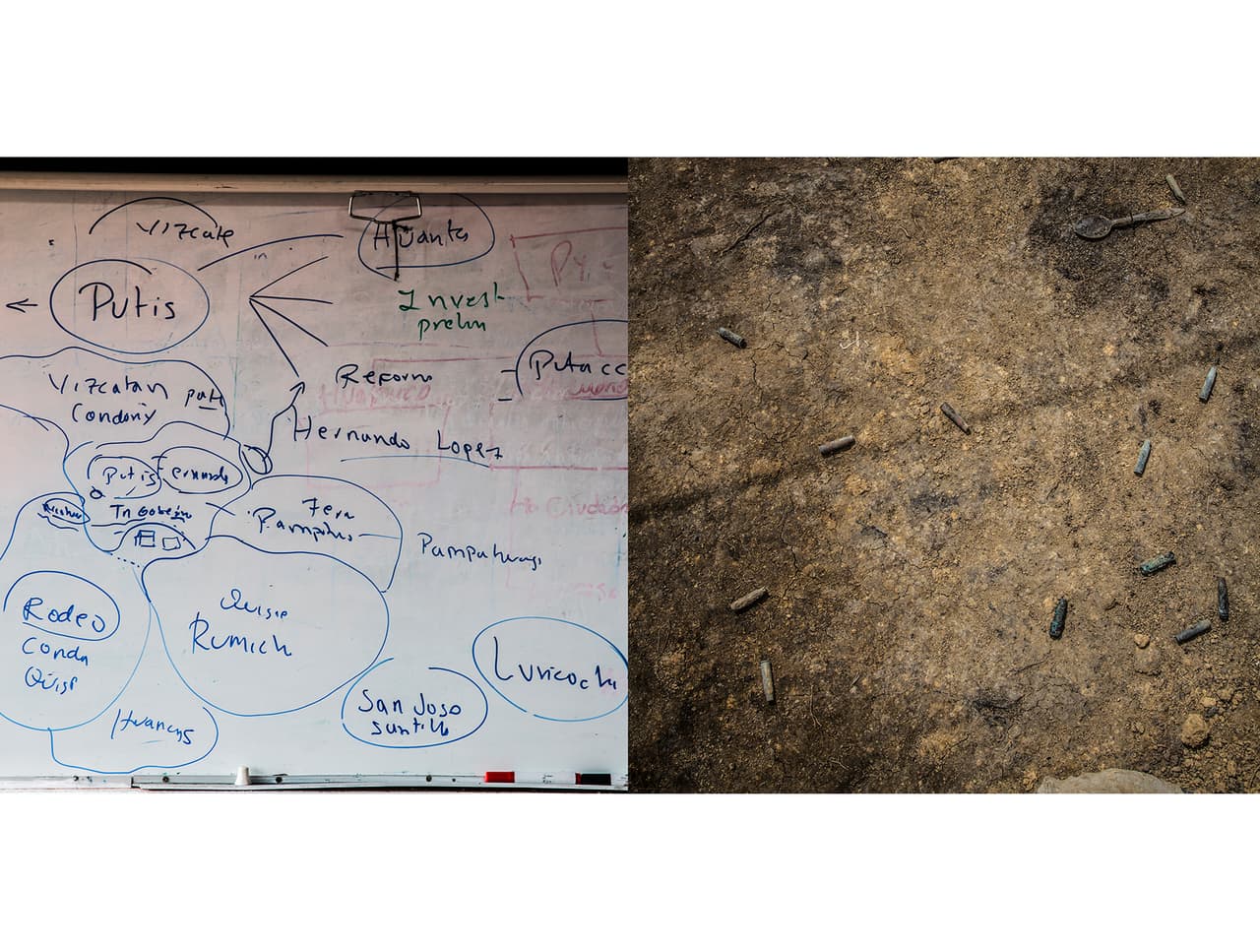 <b>MAPS.</b> A hand-drawn map of Putis, a village in the Andes, where in 1984 the army committed one of the worst massacres of the civil war. Next to it are shell casings at one of 4,000 burial sites registered in the civil war to date in Peru.
<br>