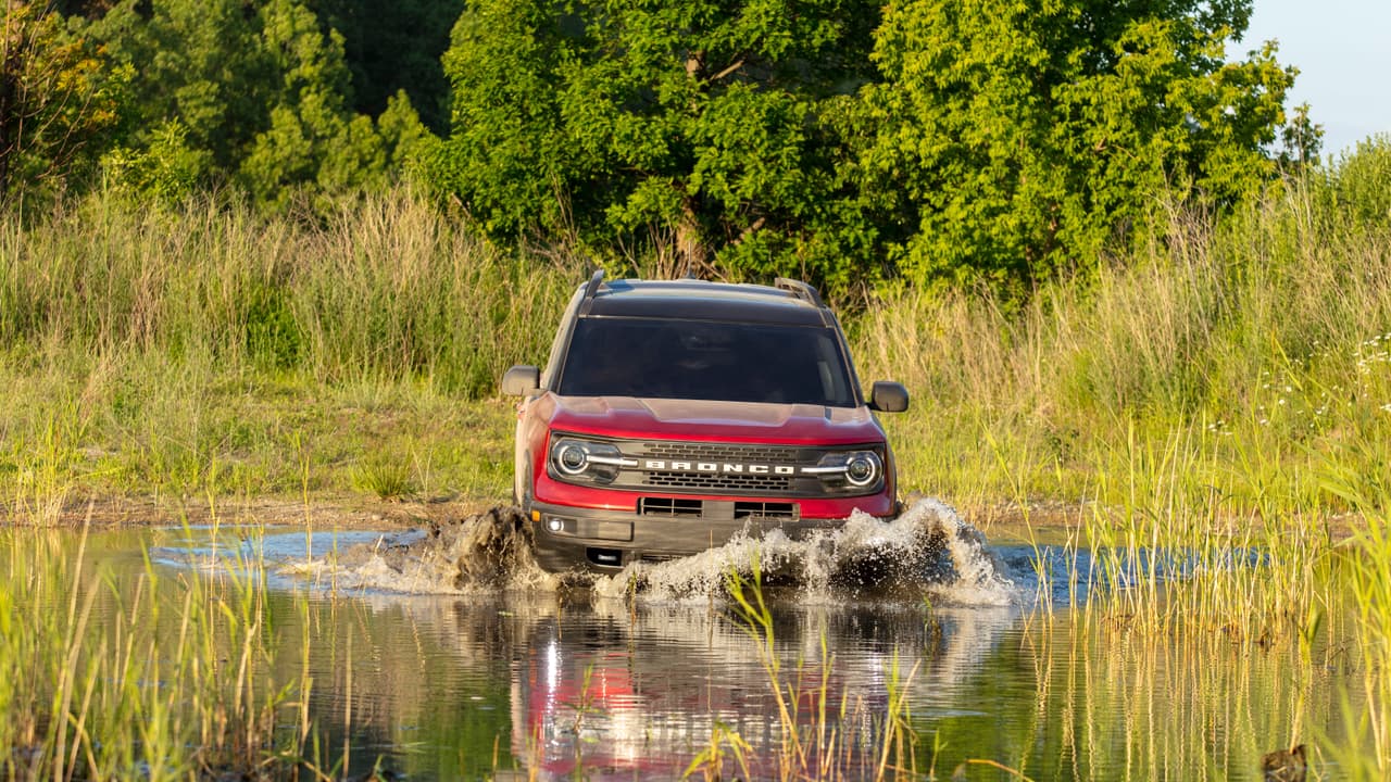 The all-new Bronco Sport Badlands series can wade through up to 23.6 inches of water. (Pre-production model pictured.)