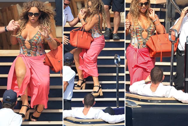 Mariah Carey estuvo a punto de caer de las escaleras del lujoso yate de su novio.