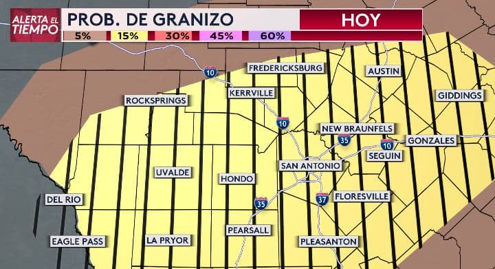 La probabilidad de granizo es de 15% desde Eagle Pass y Del Rio hasta Austin y Giddings.