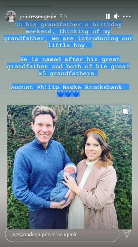 "En el fin de semana del cumpleaños de su abuelo, pensando en mi abuelo, le presentamos a nuestro pequeño. Lleva el nombre de su bisabuelo y de su tatarabuelo. 
<b>August Philip Hawke Brooksbank</b>", explica la hija menor de Sarah Ferguson en Instagram.
<br>