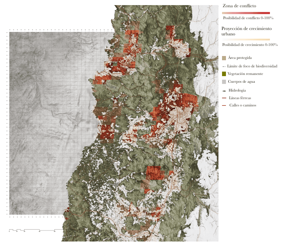 En la zona central de Chile, varias áreas presentan alto conflicto, entre ellas la parte norte de Santiago y los alrededores de Viña del Mar y Valparaíso.