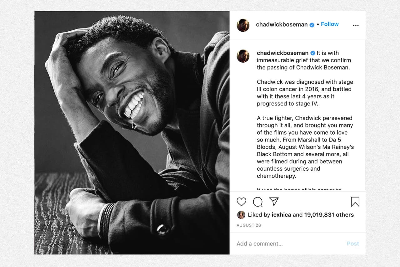 <b>Un retrato para despedir a un superhéroe.</b> Con esta fotografía 
<a href="https://www.instagram.com/p/CEdLs05FWTn/?utm_source=ig_web_copy_link"><u>publicada el 28 de agosto de 2020</u></a>, la familia de Chadwick Boseman anunció que el conocido actor había fallecido de cáncer. La foto del protagonista de la película ‘Black Panther’ tiene casi 19 millones de ‘me gusta’ y es la tercera con más corazones en este momento. La incorporación de nuevas características en Instagram ha sido parte de su reacción a la competencia. La última fue Instagram Reel, muy parecido a la nueva Tic Toc. Esta red social de origen chino se ha ido popularizando rápidamente y el presidente Donald Trump ha tratado de prohibirla.