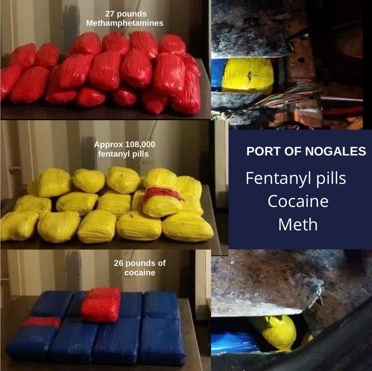 En Arizona se incautaron 21,000 kilos de drogas ilícitas. Este lunes encontraron aproximadamente 108,000 pastillas de fentanilo, 26 libras de cocaína y 27 libras de metanfetamina, escondidos en un compartimiento construido en el piso de un vehículo.