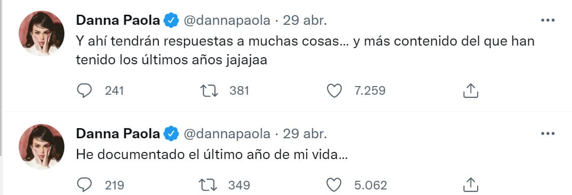 Más tarde, colgó este otro par de mensajes en los que advirtió que ha estado
<b> "documentando el último año"</b> de su vida y que vendrán "respuestas a muchas cosas". No fue clara en decir si se trata de alguna especie de documental, serie u otro formato.
<br>