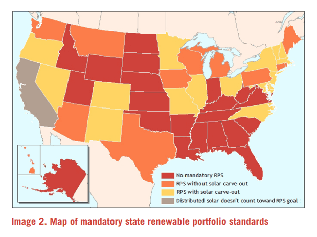Mapa con estados que tienen normas obligatorias de producción de energía mediante fuentes renovables.