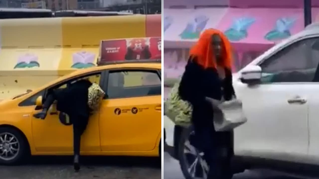 Video capta cuando una sospechosa de peluca naranja rompe vidrios de un taxi para llevarse 'su botín'