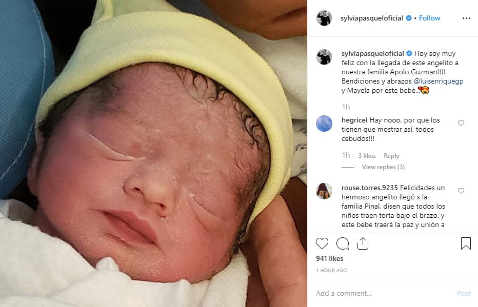 Utilizando la misma imagen, 
<b><a href="https://www.univision.com/famosos/sylvia-pasquel-asegura-que-tuvo-una-infancia-como-los-presos-porque-silvia-pinal-la-encerrada-fotos">Sylvia Pasquel</a> felicitó a su hermano</b> por la llegada del nuevo integrante de la familia: "Hoy soy muy feliz con la llegada de este angelito a nuestra familia, Apolo Guzmán. Bendiciones y abrazos @luisenriquegp y Mayela por este bebé".
<br>