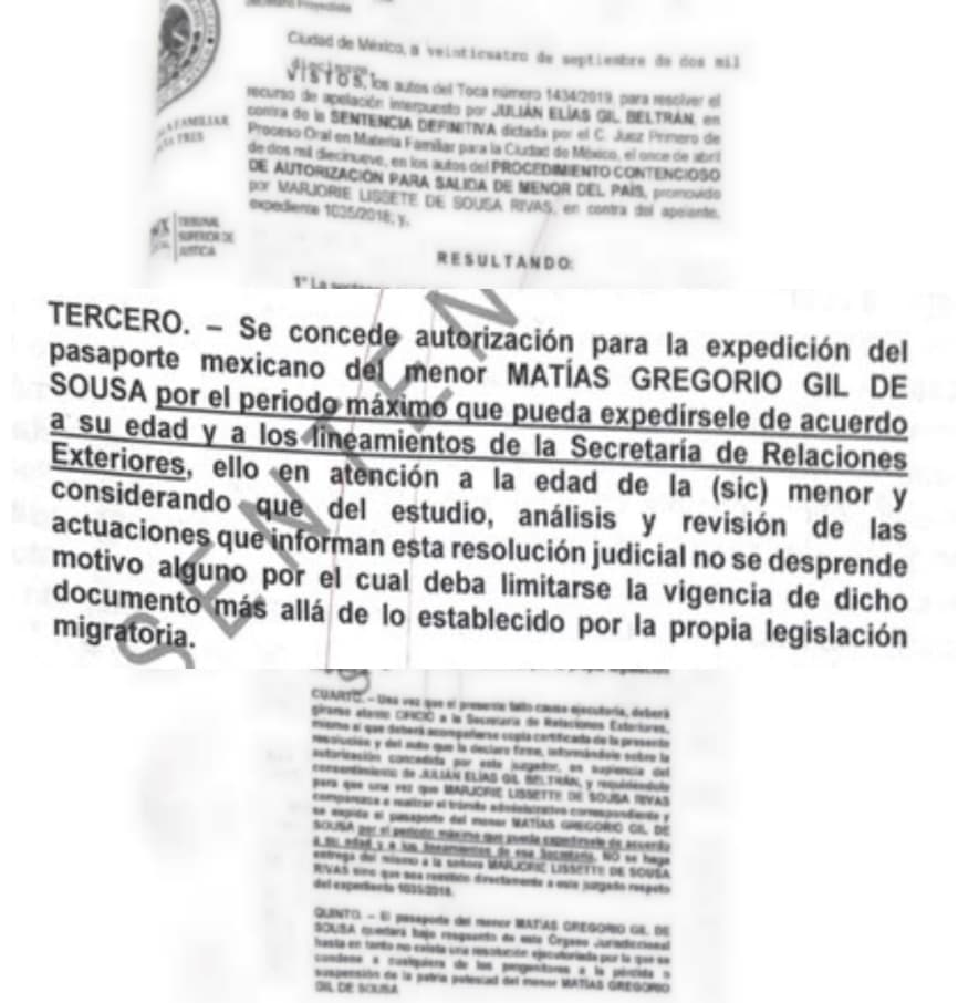 El tribunal también 
<b>autorizó "la expedición del pasaporte mexicano del menor Matías</b> Gregorio Gil de Sousa por el periodo máximo que puede expedírsele de acuerdo a su edad y a los lineamientos de la Secretaría de Relaciones Exteriores (SRE)".