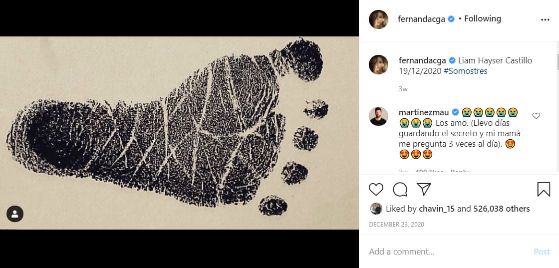 La pareja vio nacer a Liam Hayser Castillo el 19 de diciembre de 2020. Dieron la feliz noticia con la imagen de la huella del pie del pequeño.