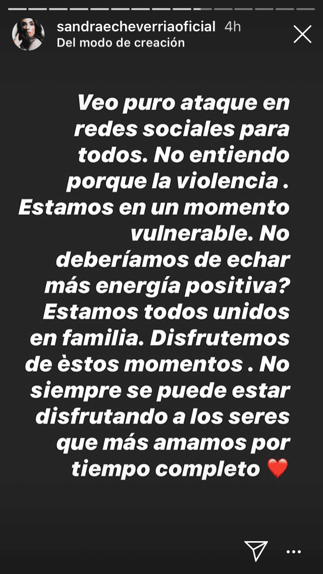 "
<b><a href="https://www.univision.com/famosos/sandra-echeverria-responde-a-quienes-la-criticaron-por-lucir-muy-delgada-tras-convertirse-en-madre-fotos" target="_blank">Veo puro ataque</a></b> en redes sociales para todos", escribió, "no entiendo por qué la violencia. Estamos en un momento vulnerable. ¿No deberíamos de echar más energía positiva?".
<br>