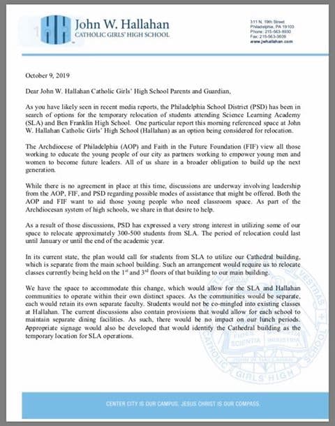 Carta enviada por la escuela John W. Hallahan.