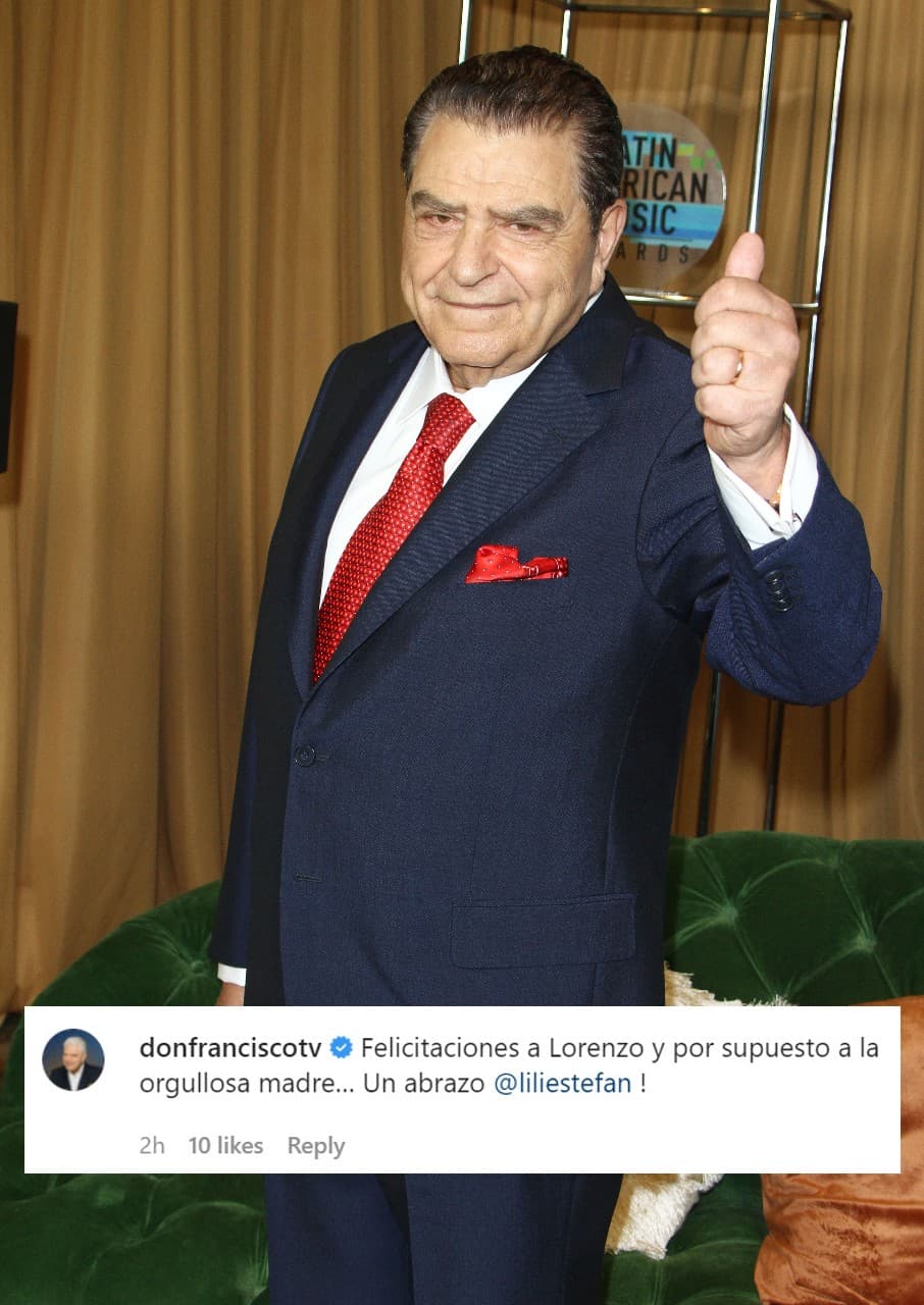 <b>Don Francisco </b>aplaudió el logro de Lorenzo y también felicitó a Lili Estefan, con quien trabajó varios años en Sábado Gigante.
<br>