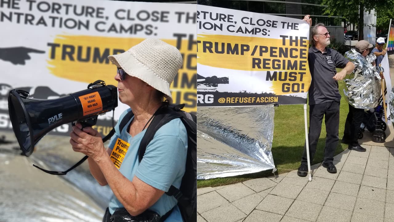 Cerca de una decena de activistas se reunieron este viernes para protestar contra la visita del vicepresidente Mike Pence a Atlanta.